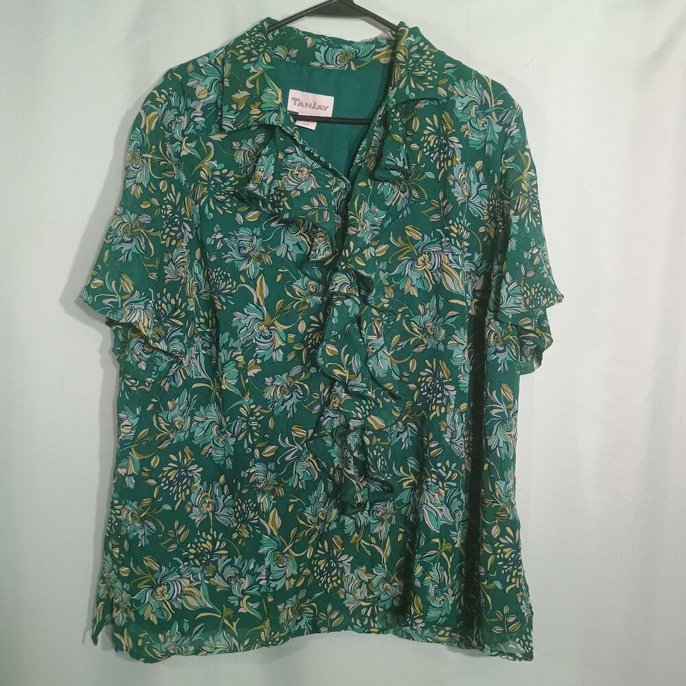 Tanjay Women's Green Floral Ruffle Short Sleeve Blouse Top
